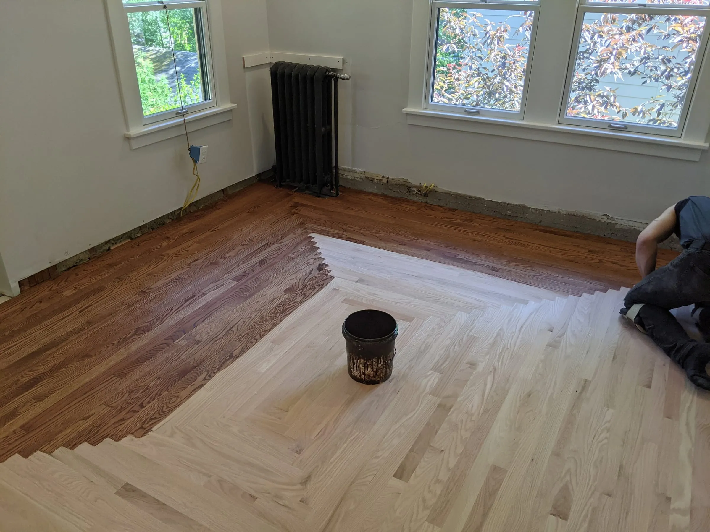 Oak floor half refinished, showing old finish next to freshly sanded wood
